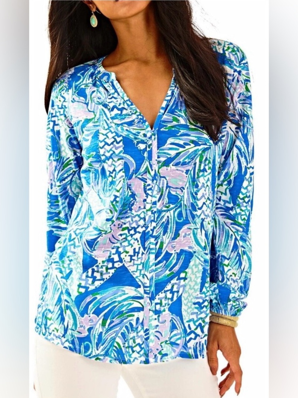 Lily Pulitzer The Meg Long Sleeve Blouse with a Notch Neckline in Blue Floral